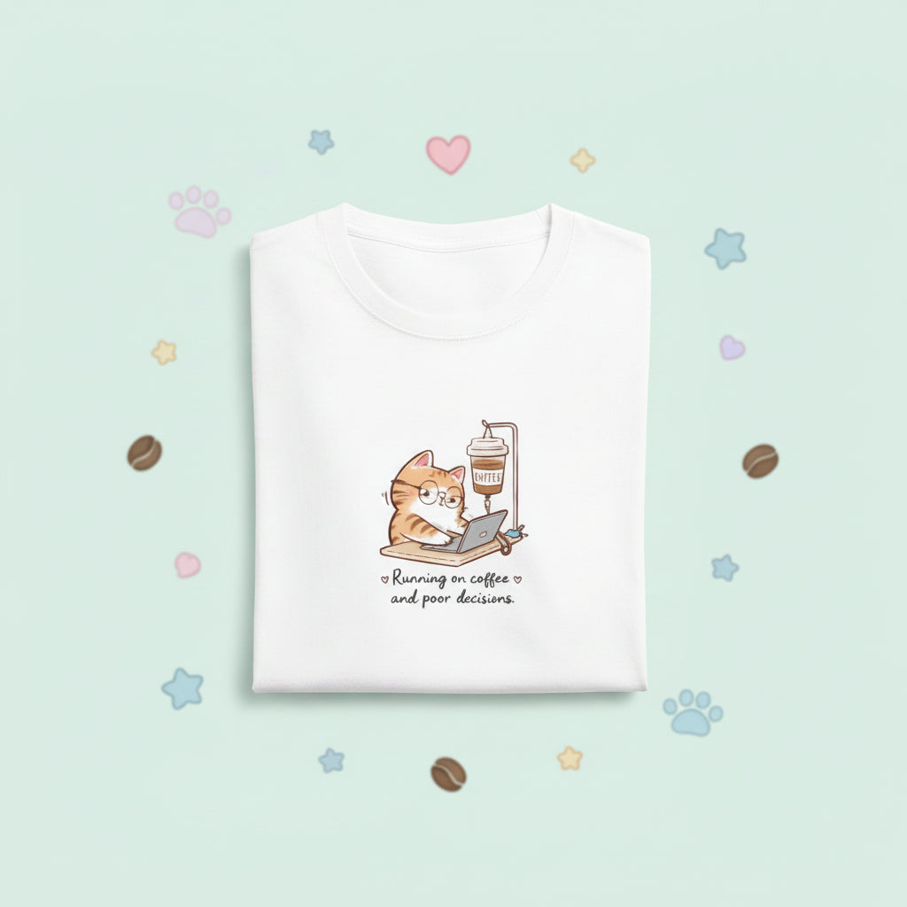 White t-shirt with a cat graphic and text on a white background