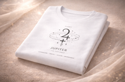 Folded white t-shirt with Jupiter design and text on a textured beige surface