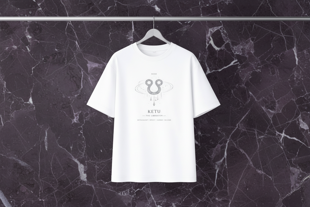 White t-shirt with a logo and text on a hanger against a light gray background