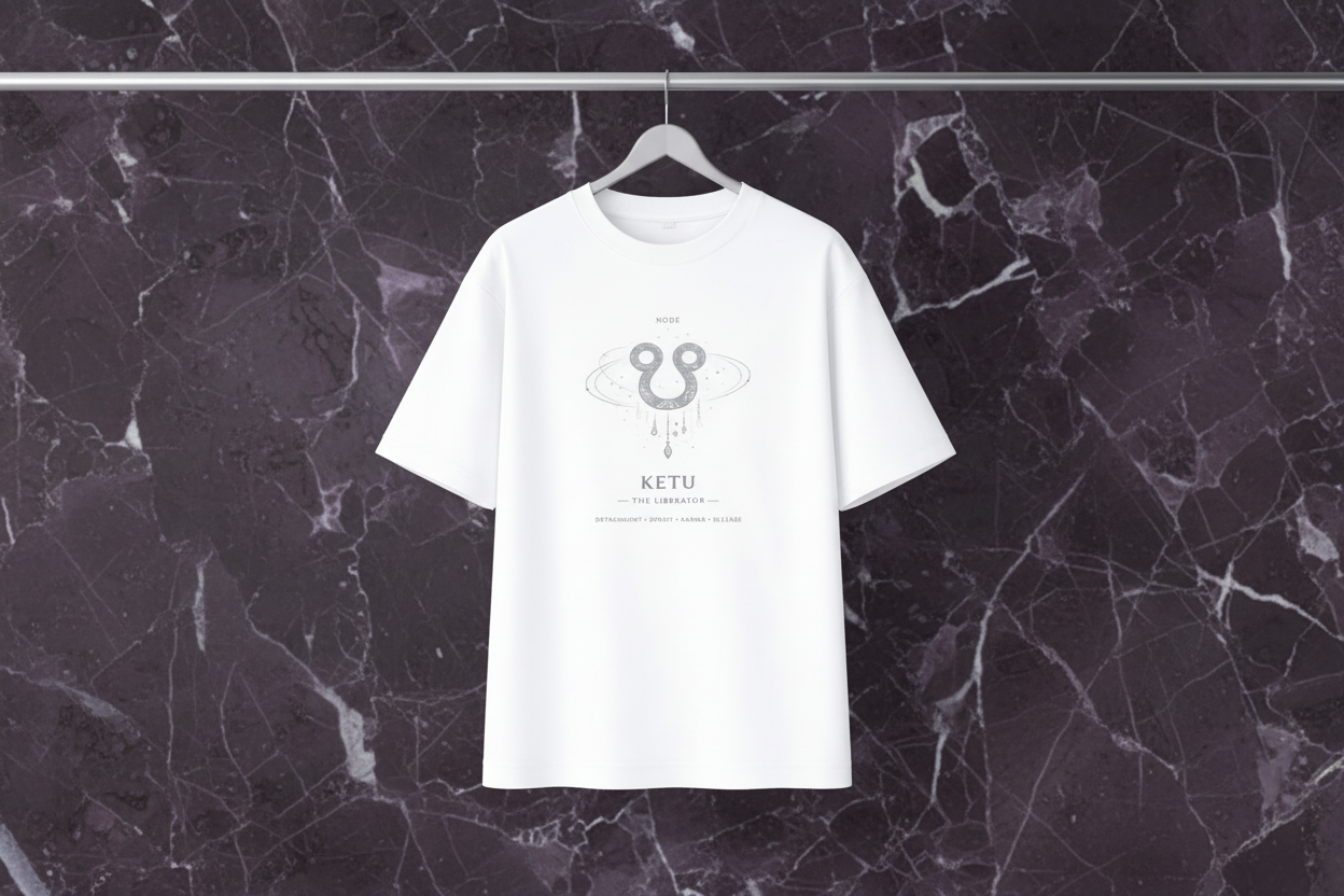 White t-shirt with a logo and text on a hanger against a light gray background