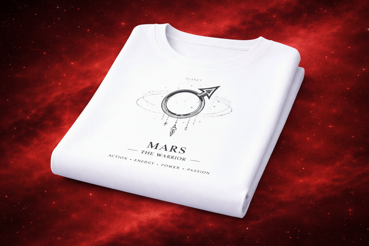 White t-shirt with 'Mars' design on a purple starry background