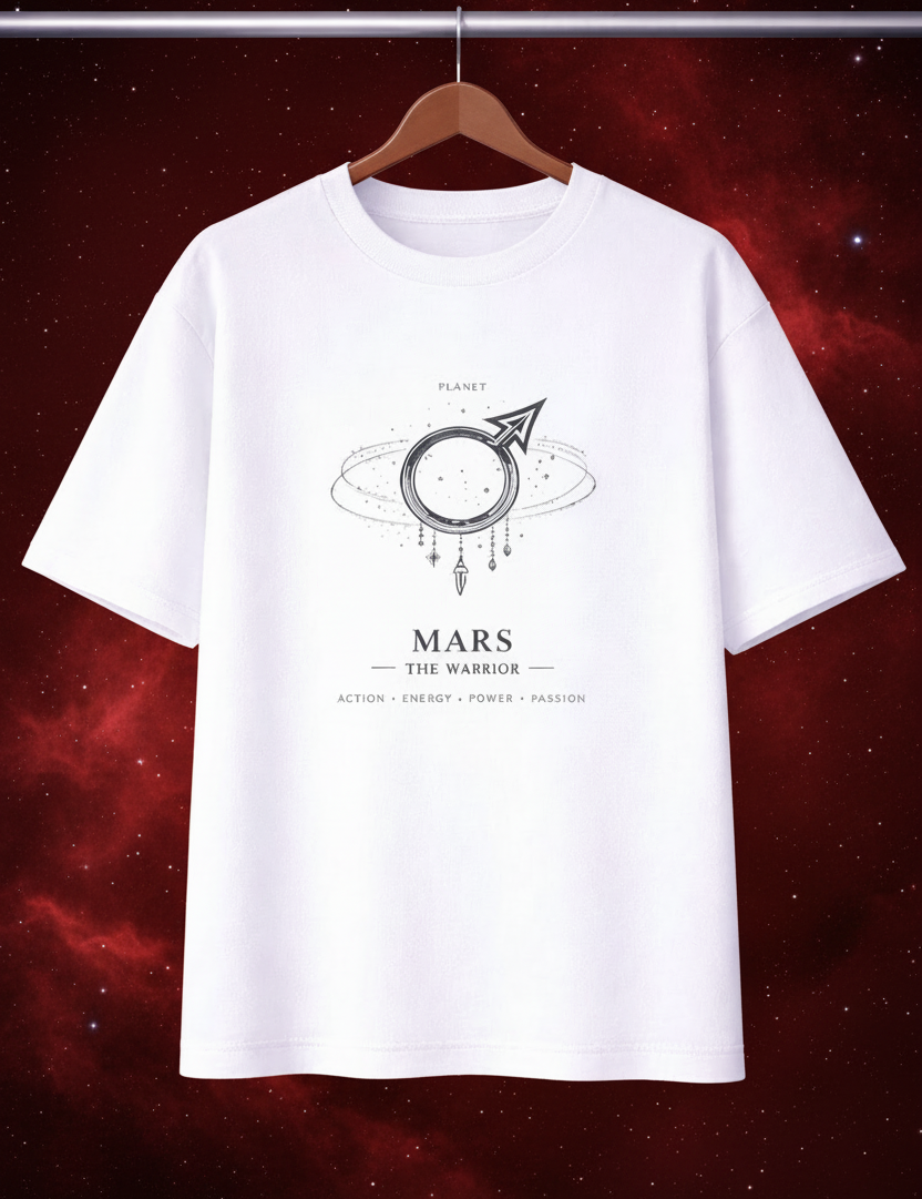 White t-shirt with 'Mars' design on a hanger against a purple starry background