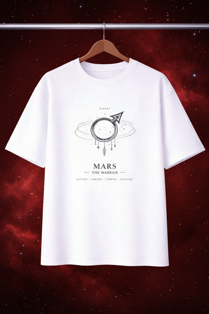 White t-shirt with 'Mars' design on a hanger against a purple starry background