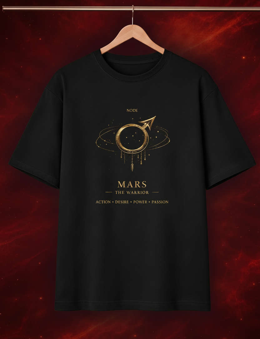 Black t-shirt with gold graphic design on a dark red background