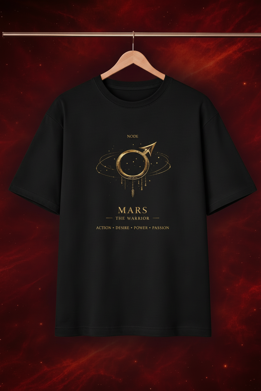 Black t-shirt with gold graphic design on a dark red background