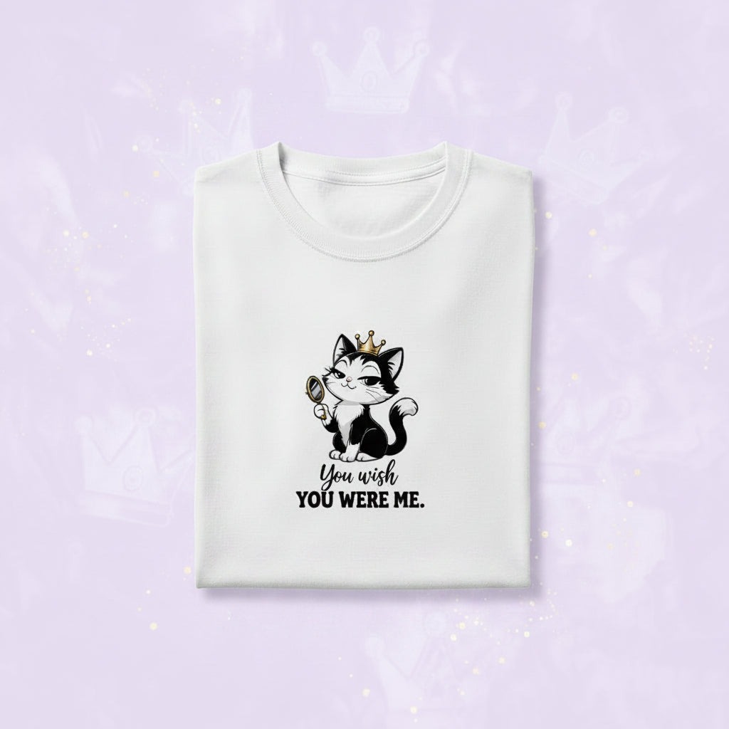 White t-shirt with a black and white graphic of a cat and text on a white background