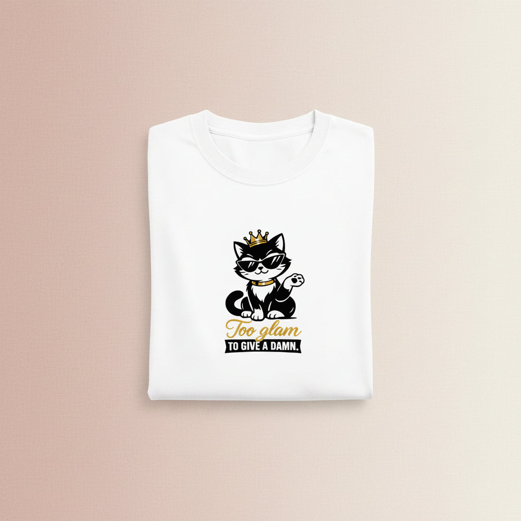 White t-shirt with a black cat graphic and text on a white background