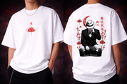 White t-shirt with a design on the front and back, featuring a muzan
