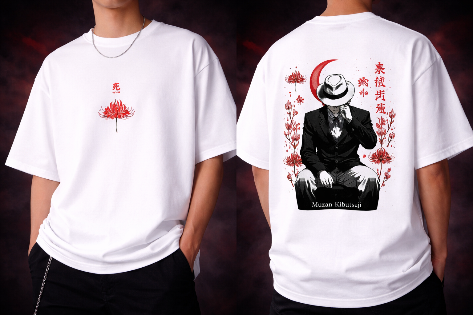 White t-shirt with a design on the front and back, featuring a muzan
