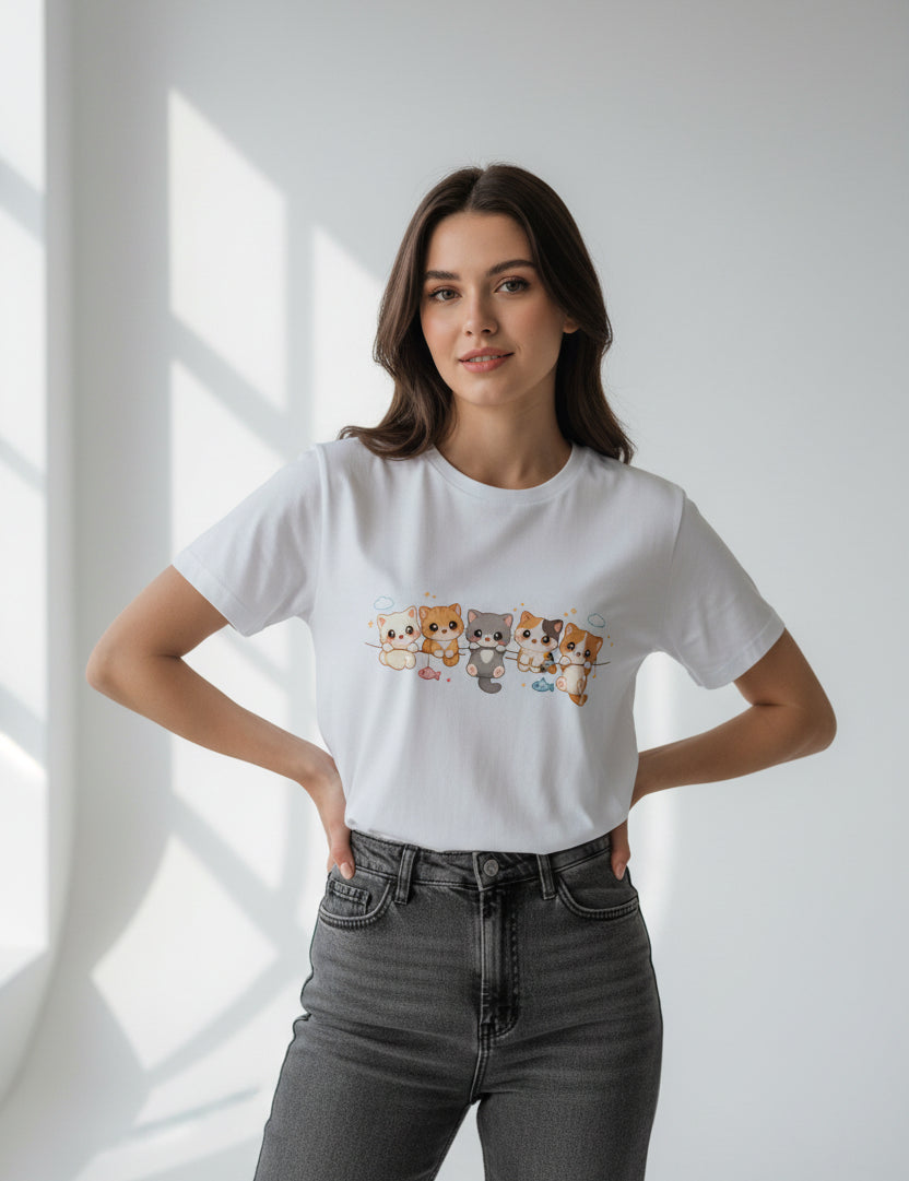 White t-shirt with cartoon cat design on a white background