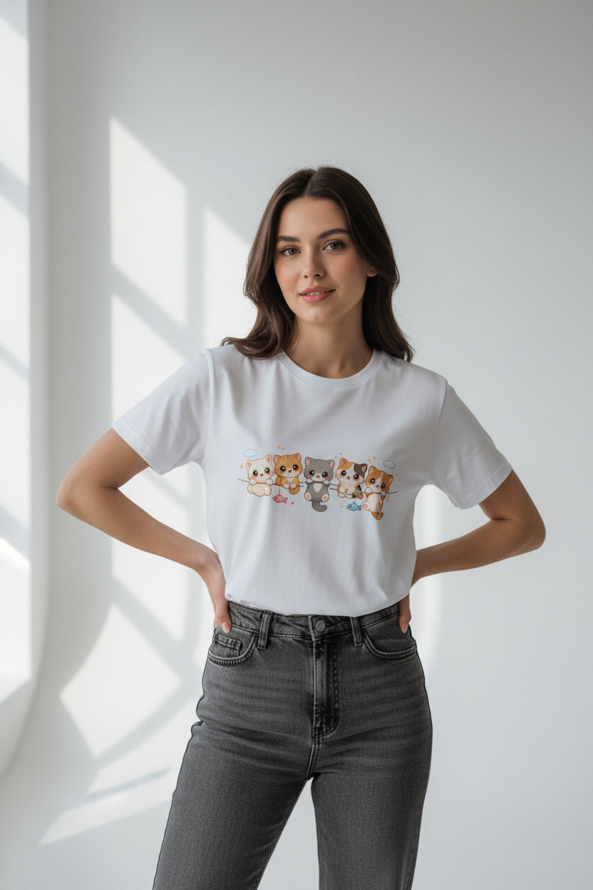 White t-shirt with cartoon cat design on a white background