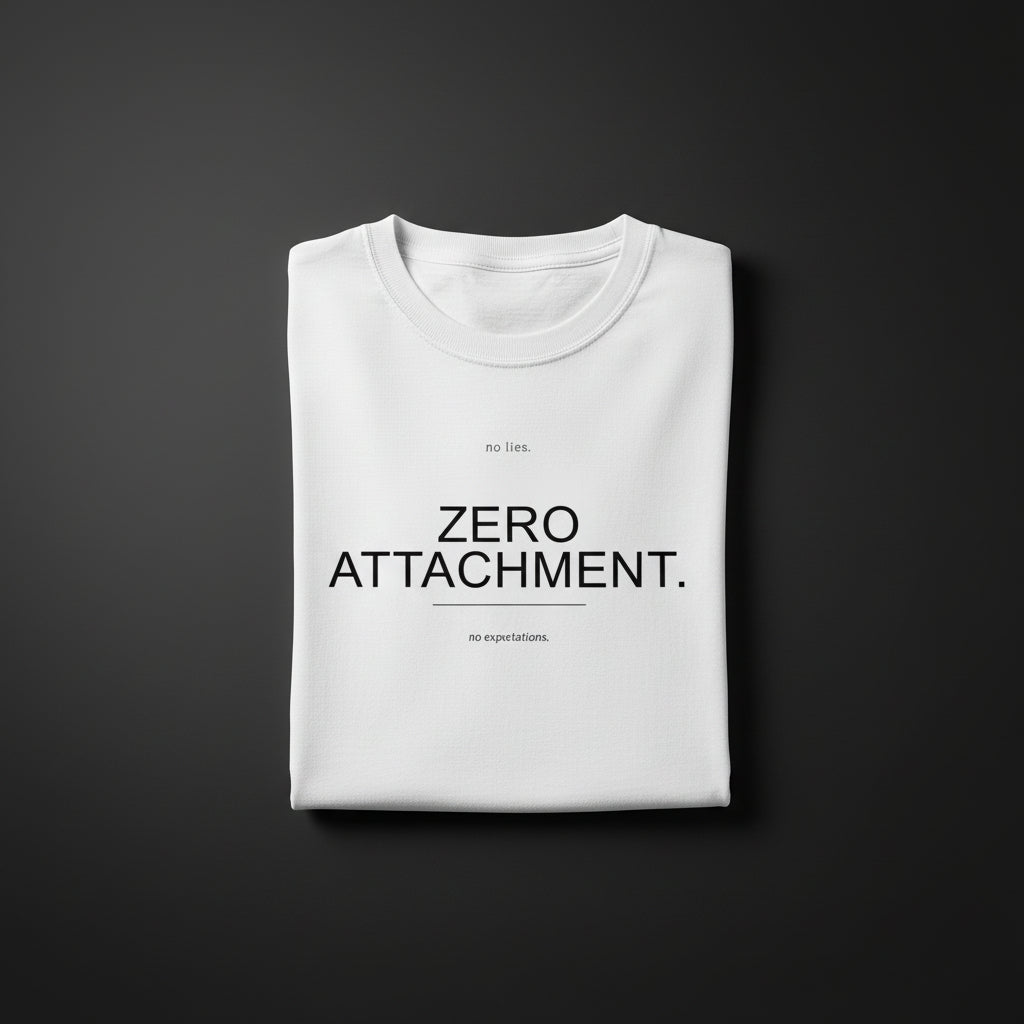 White t-shirt with 'ZERO ATTACHMENT.' text on a white background