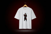 White t-shirt with a graphic of a character in a kimono holding a sword on a white background