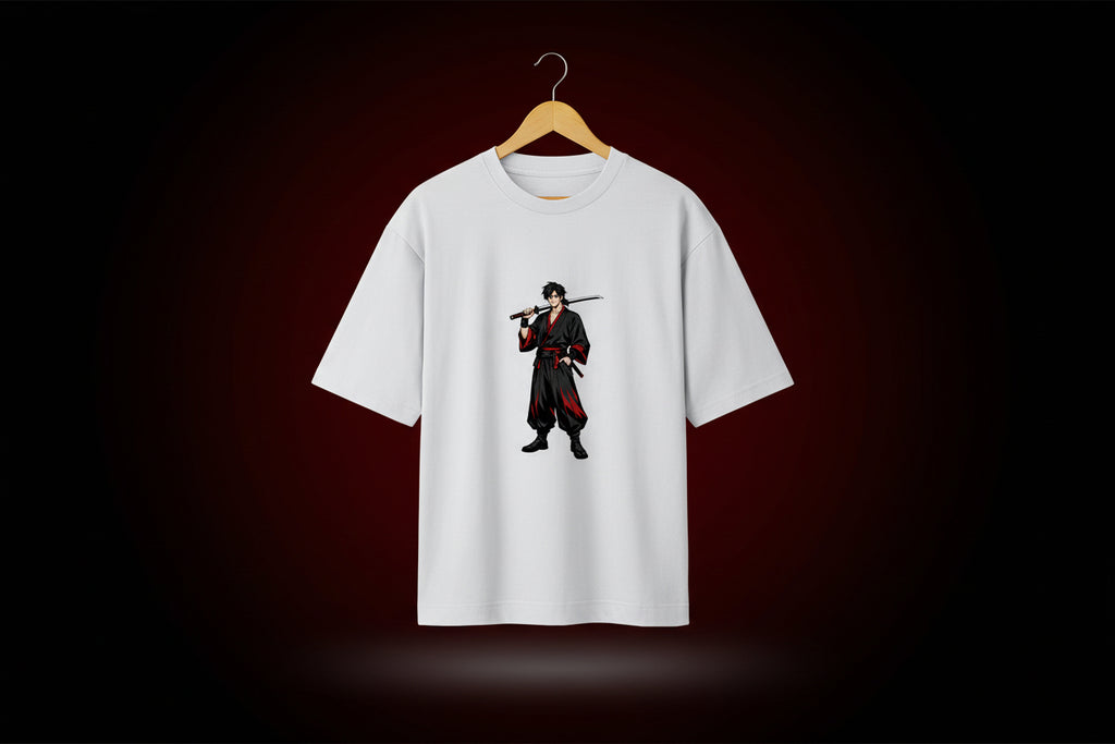 White t-shirt with a graphic of a character in a kimono holding a sword on a white background