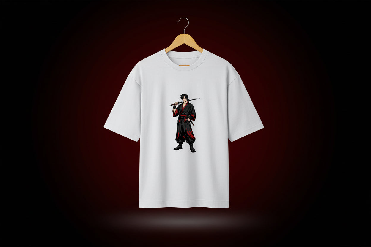 White t-shirt with a graphic of a character in a kimono holding a sword on a white background