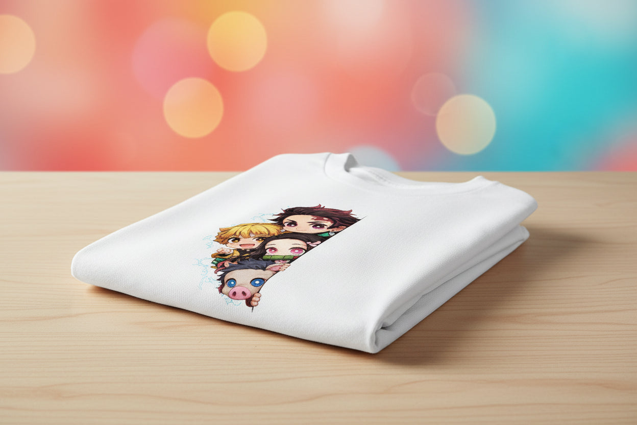 White t-shirt with anime character design on a white background