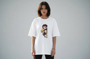White t-shirt with cartoon character design on a white background