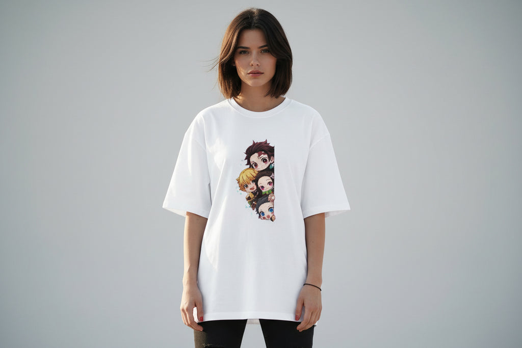 White t-shirt with cartoon character design on a white background