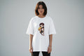 White t-shirt with cartoon character design on a white background