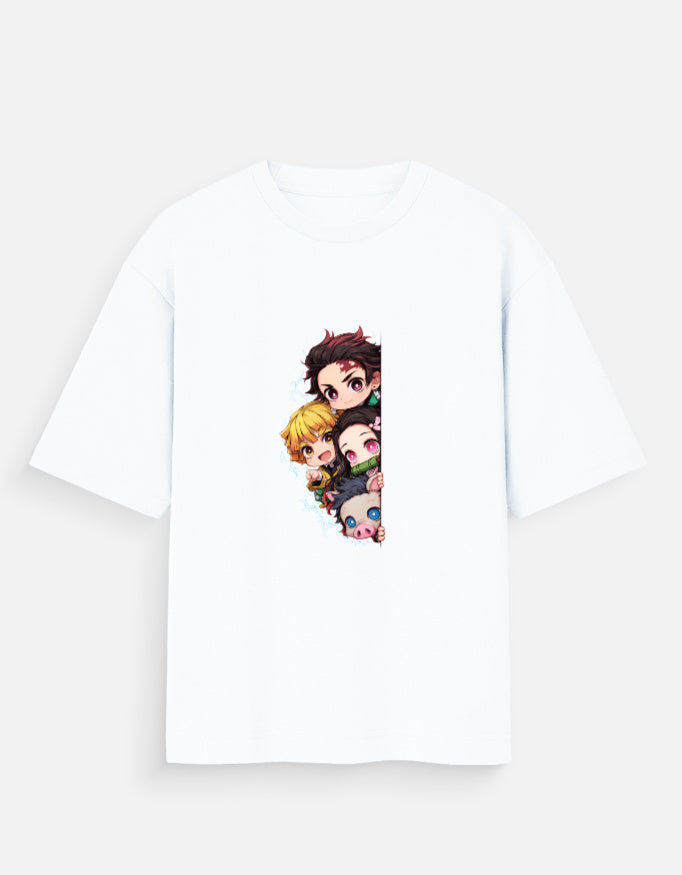 White t-shirt with cartoon character design on a white background