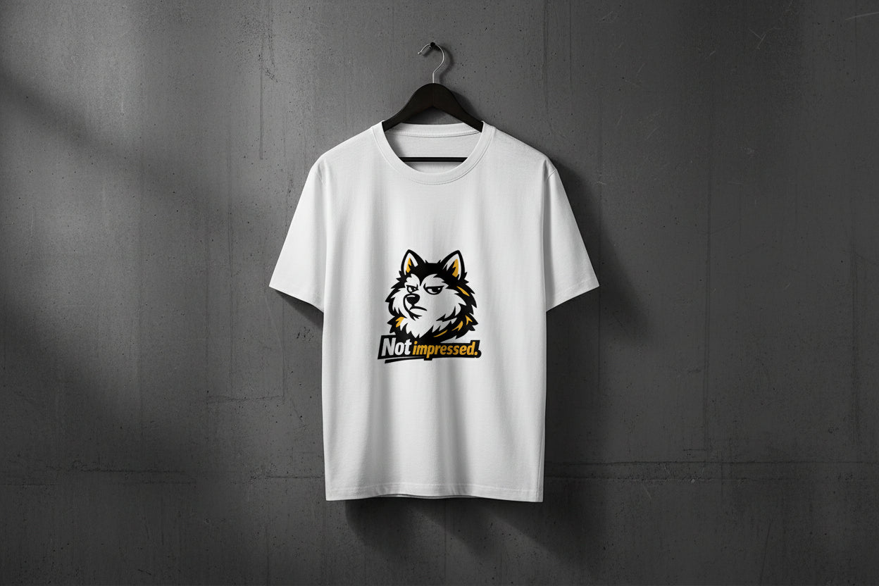 White t-shirt with a graphic of a dog and 'Not impressed.' text on a white background