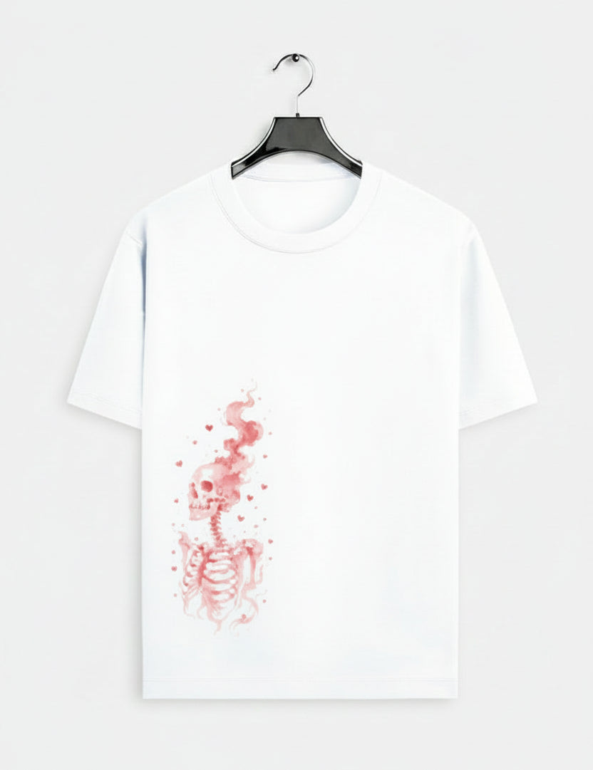 White t-shirt with red skeleton design on a white background