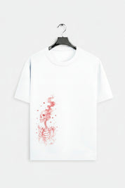 White t-shirt with red skeleton design on a white background