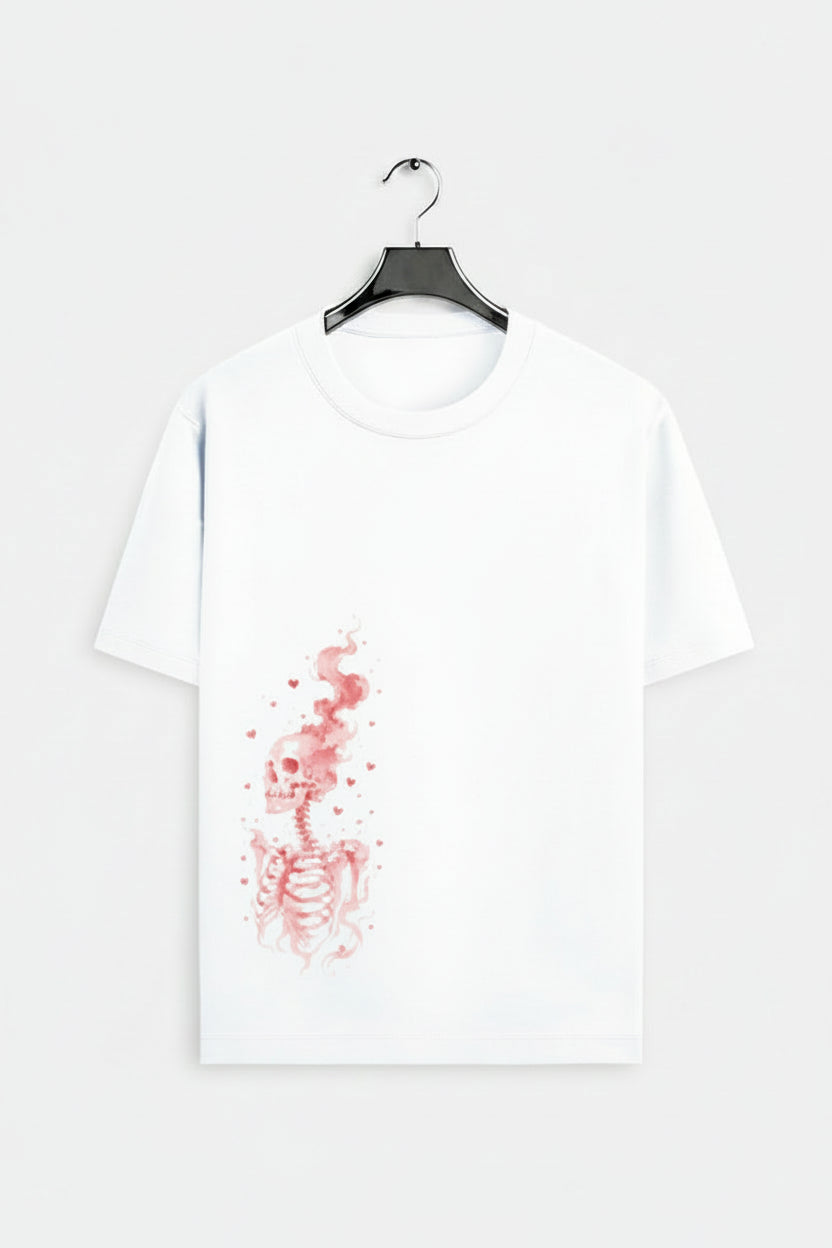 White t-shirt with red skeleton design on a white background