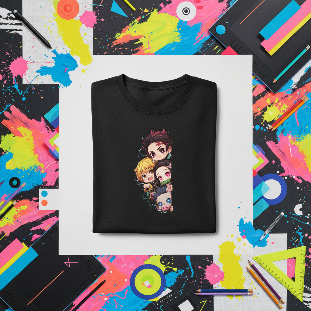 Black t-shirt with anime character design on a white background