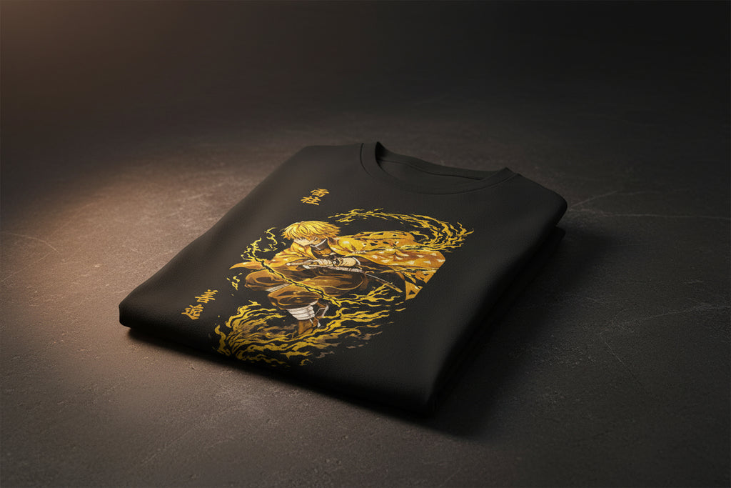 Black t-shirt with yellow graphic design on a white background