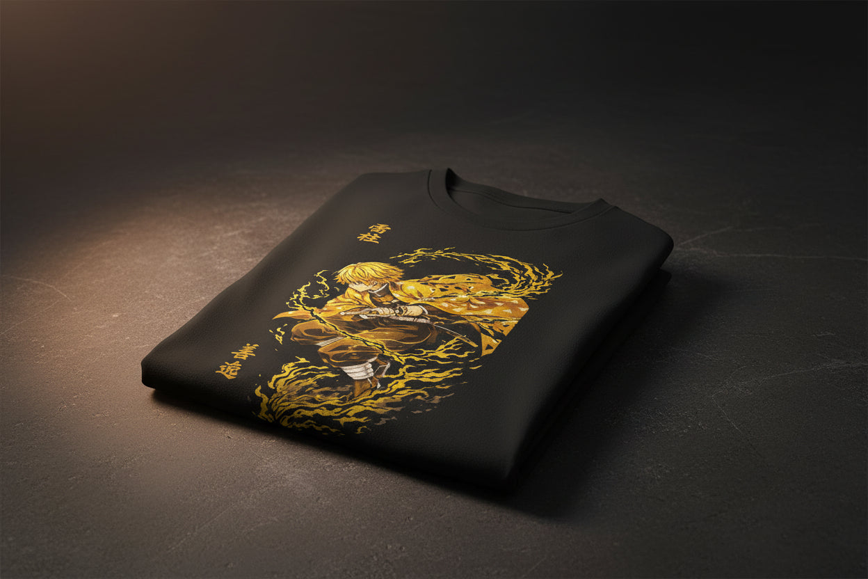 Black t-shirt with yellow graphic design on a white background