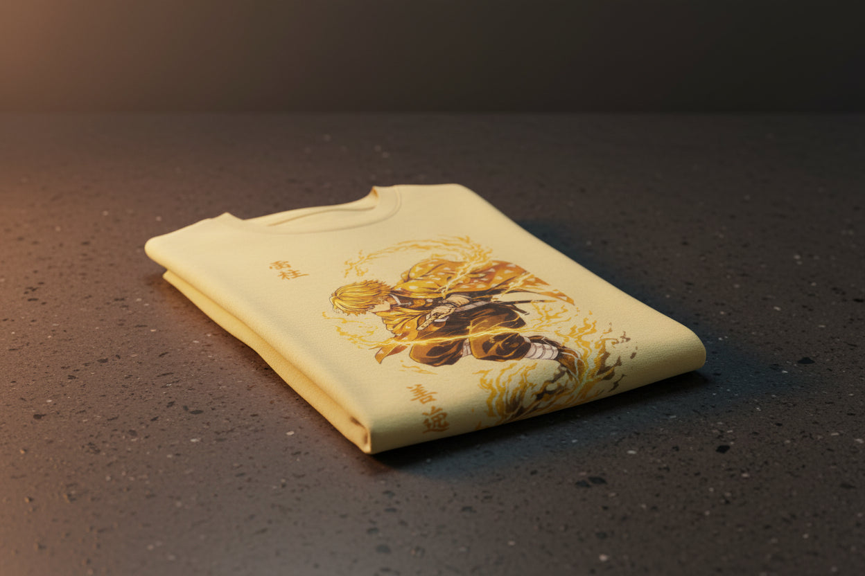 Yellow t-shirt with a graphic design on a white background