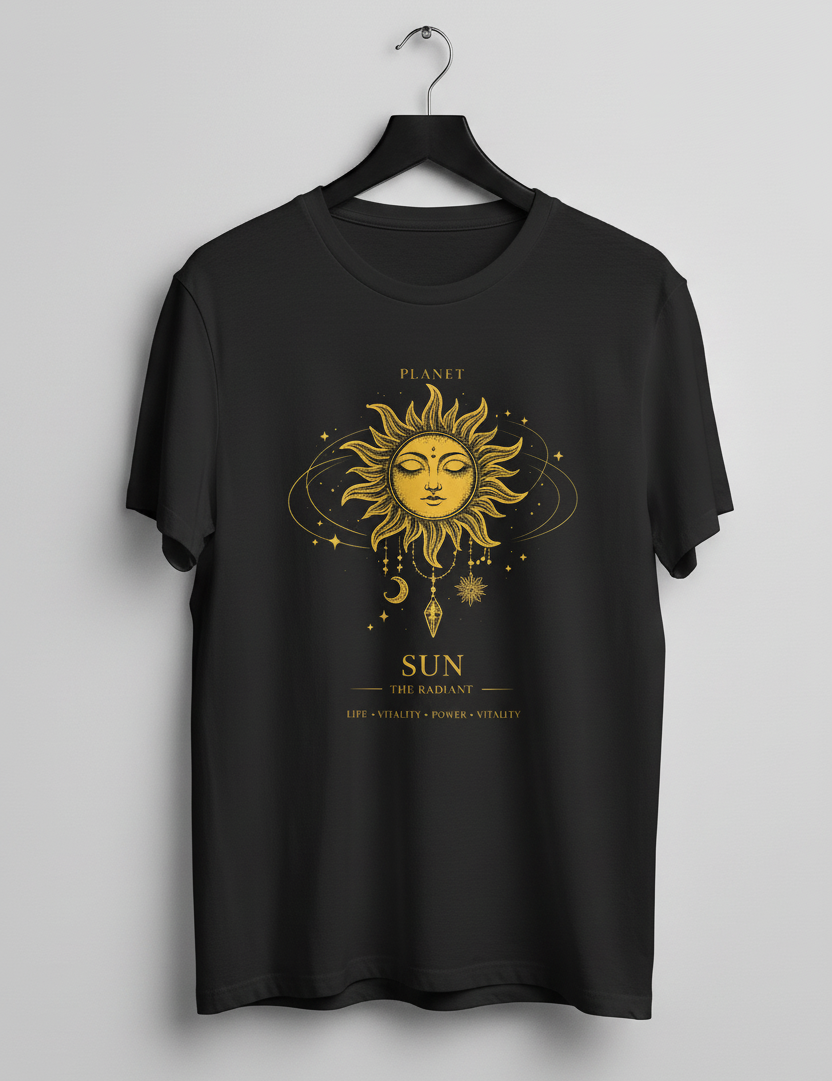 Black t-shirt with a gold sun design and text on a white background