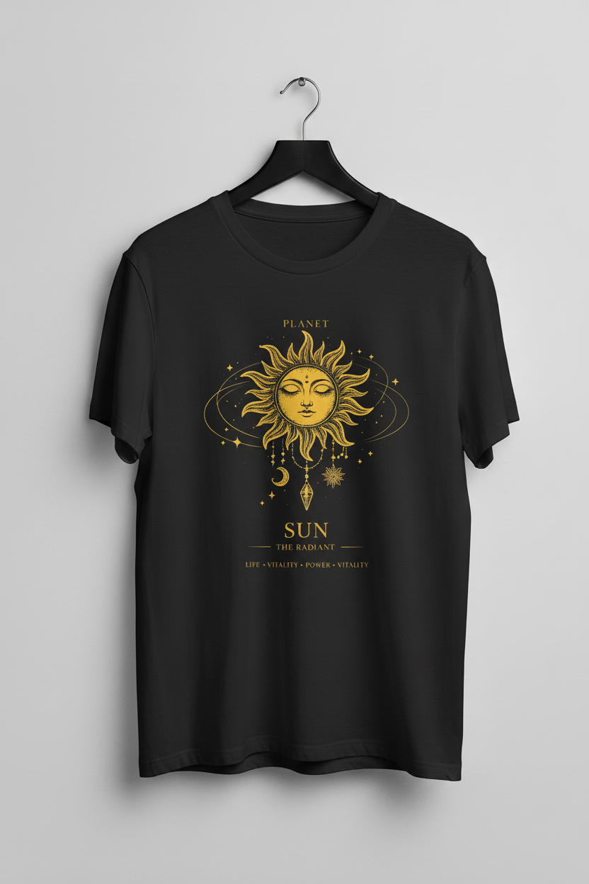 Black t-shirt with a gold sun design and text on a white background